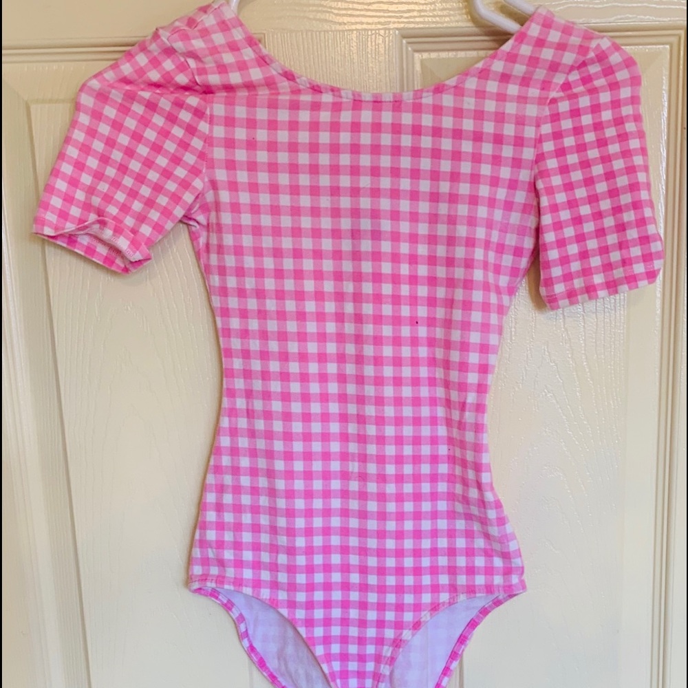 Pink and white gingham, leotard.